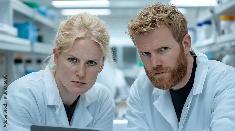 Aufkleber two focused scientists intently analyze data in a modern laboratory setting, capturing the dedicatio