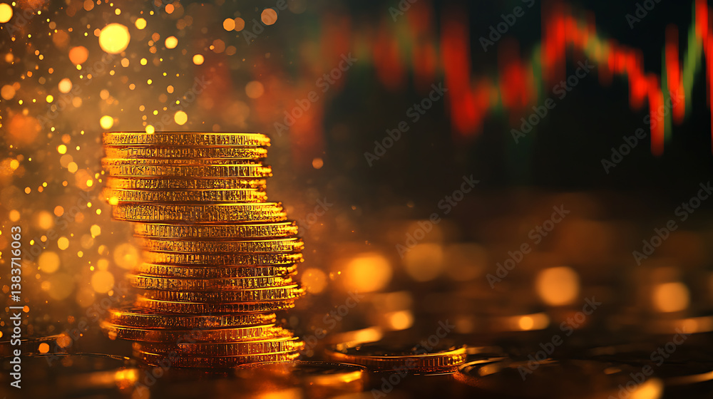 Poster Stack of gold coins overlay with data points, finance and data, against blurred stock graph