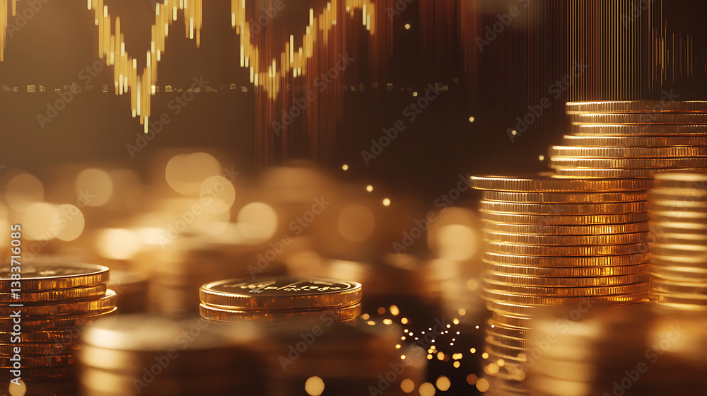 Poster Stack of gold coins overlay with data points, finance and data, against blurred stock graph