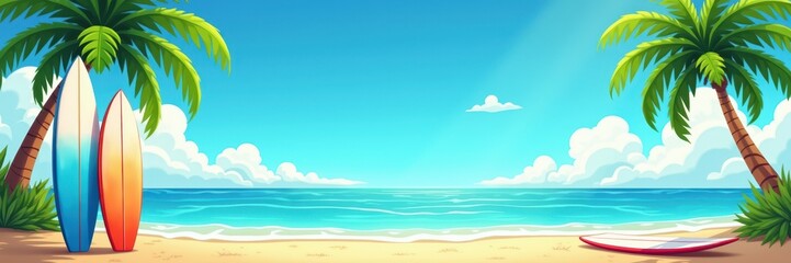 Tropical beach paradise with surfboards resting