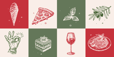 Minimalist Dolce Vita vector illustration collection. Tiramisu, pizza, wine, espresso maker, garlic, and lemon in Matisse style doodles, perfect for greeting cards, wedding invitations, posters
