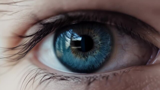 Detailed close up capturing blue eye pupil dynamically expanding and contracting while responding to changing light conditions, revealing natural physiological visual adaptation mechanism
