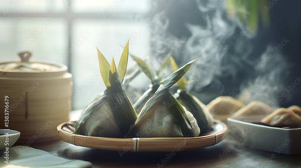 Poster steaming zongzi wrapped in bamboo leaves on a table