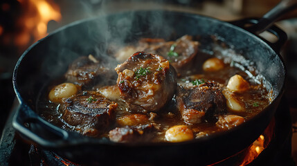 Stirring osso buco in a cast iron pot