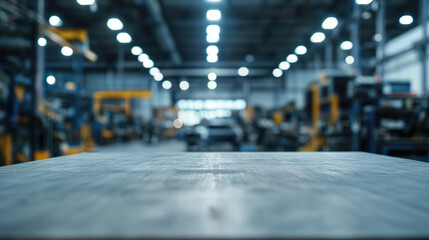 Blurred automotive workshop with metal tabletop in focus