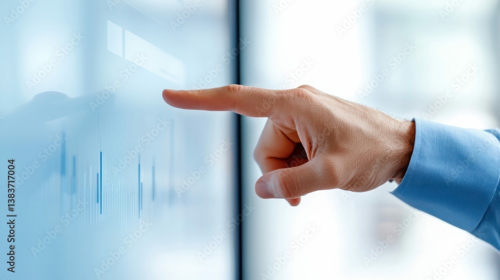 Poster a hand gestures on a screen, highlighting data for analysis and decision-making in a business enviro