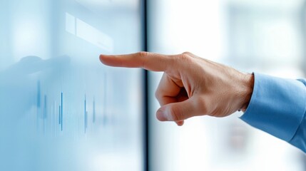 A hand gestures on a screen, highlighting data for analysis and decision-making in a business environment.