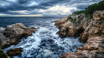 Fototapeta premium Stormy ocean and steep wet rocks against heavy grey clouds