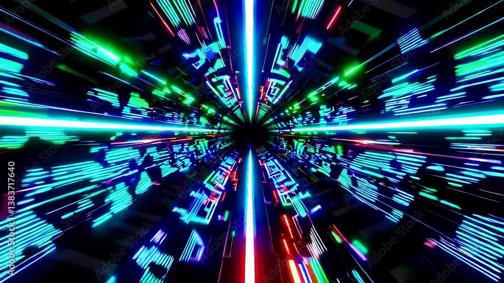 Poster colorful abstract light tunnel design with neon patterns and motion effects