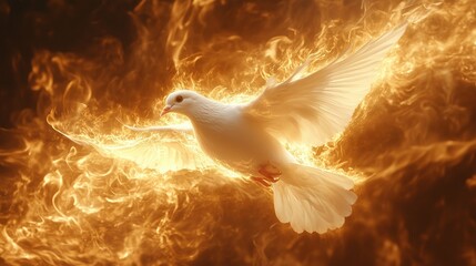 A surreal depiction of a white dove flying with wings engulfed in radiant flames, the fire trailing behind in an elegant arc, symbolizing peace, freedom, and power.
