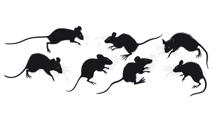 Black and white ink style illustration depicting mice in motion, captured in different dynamic poses isolated on transparent background.