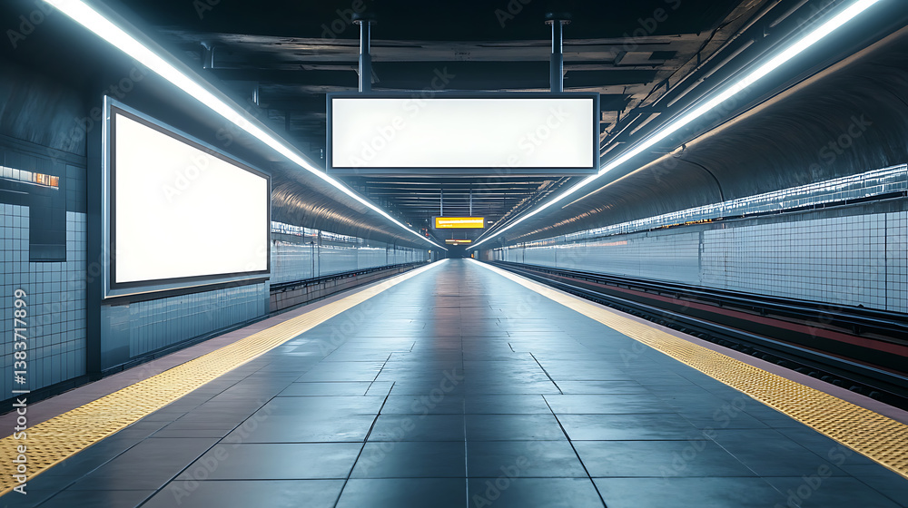 Poster subway platform with empty advertising billboard and stationary train, public transit and blank ad s