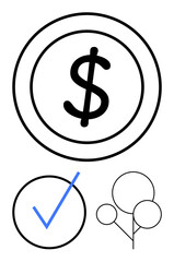 Circular dollar sign, blue check mark, tree outline with three circles symbolize money, approval, sustainability, growth, verification, investment development. Ideal for finance business success