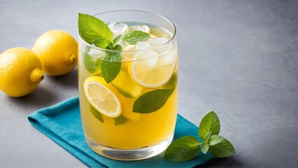 Fototapeta premium Refreshing Lemonade with Fresh Mint: A Cool and Zesty Drink Perfect for Summer, Served Chilled Over Ice and on Blue Cloth.