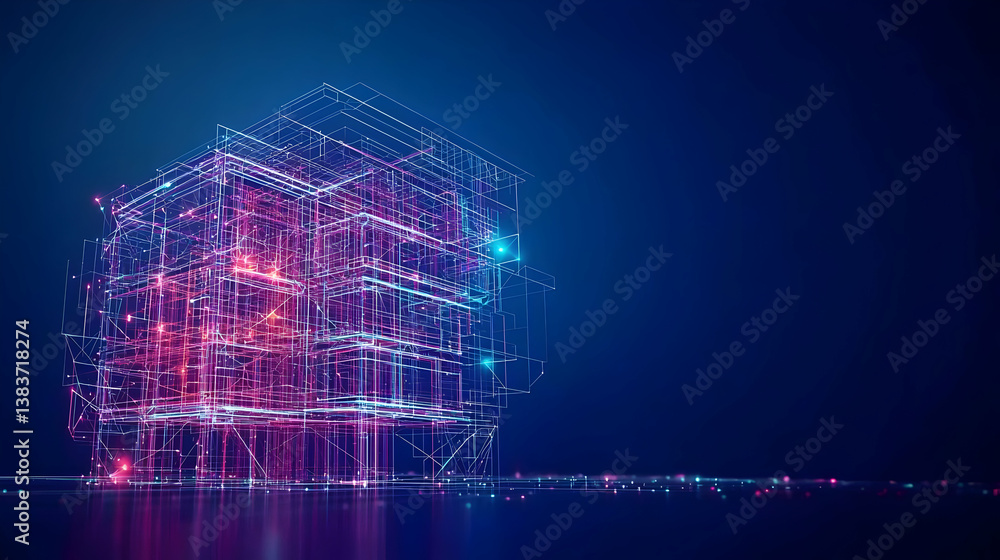 Poster abstract digital cube with glowing lines