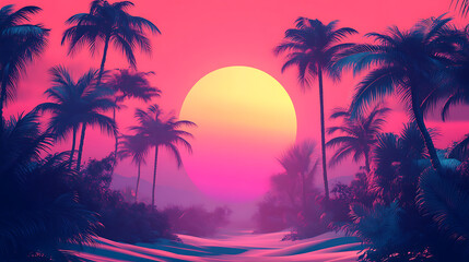 Obraz premium Summer landscape of palm trees and sky in retro style, colorful summer template, concept of recreation