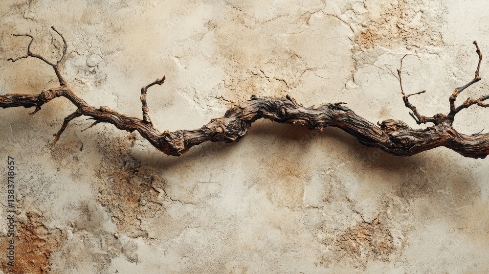 Aufkleber a twisted and gnarled branch stretches horizontally across a weathered wall, highlighting the contra