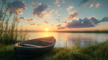 Fototapeta premium Sunrise on the shore of a reservoir, green shore with a wooden boat and clouds over the water 3d illustration