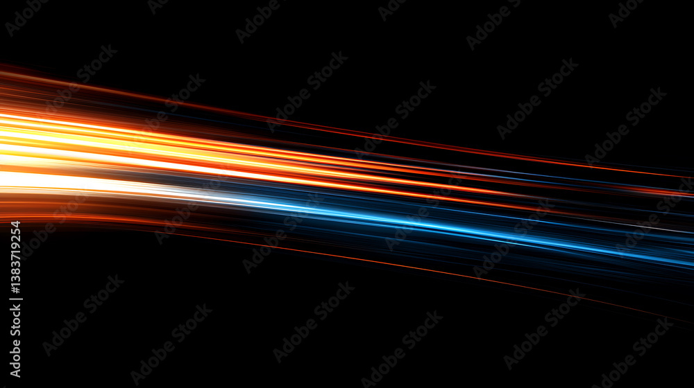 Poster Sweeping light trails of blue and orange in a dark background, representing the swift movement of data transfers and digital communication in a high-tech environment