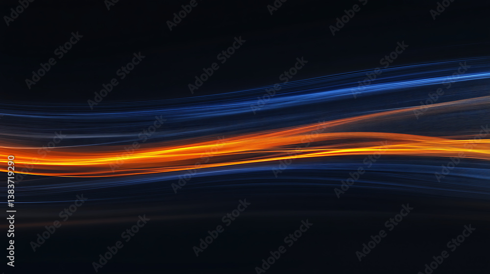 Poster Sweeping light trails of blue and orange in a dark background, representing the swift movement of data transfers and digital communication in a high-tech environment