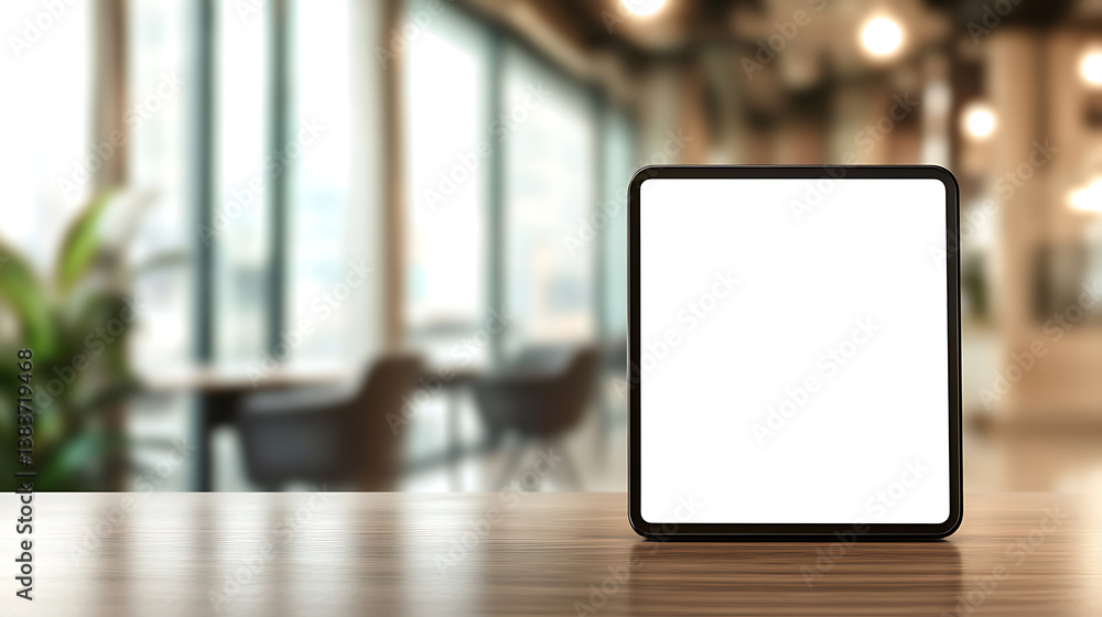 Poster tablet computer with blank screen on blurred office background, copy space