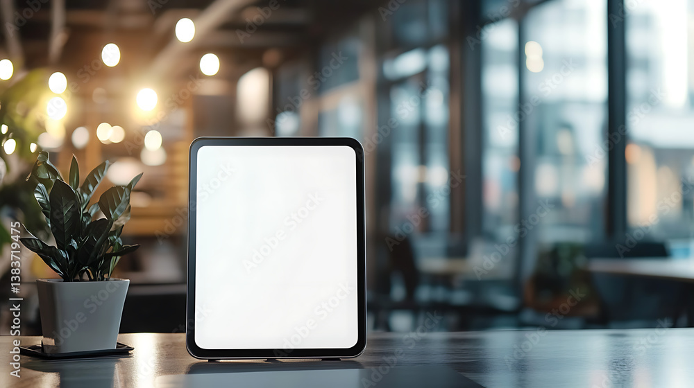 Poster tablet computer with blank screen on blurred office background, copy space