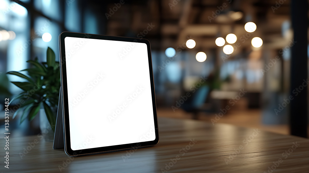 Aufkleber tablet computer with blank screen on blurred office background, copy space