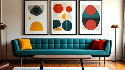 Teal sofa and three big posters, mid century style interior design of modern living room