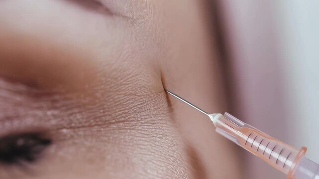 Professional beautician performing precision botox injection, smoothing forehead wrinkles during clinical cosmetic rejuvenation procedure