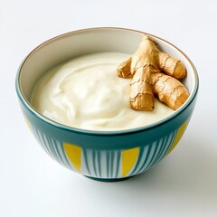 A ginger-infused yogurt dip in a modern ceramic bowl, vibrant accents, isolated on white background