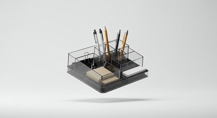Floating black desk organizer with pens, pencils, and sticky notes on white background