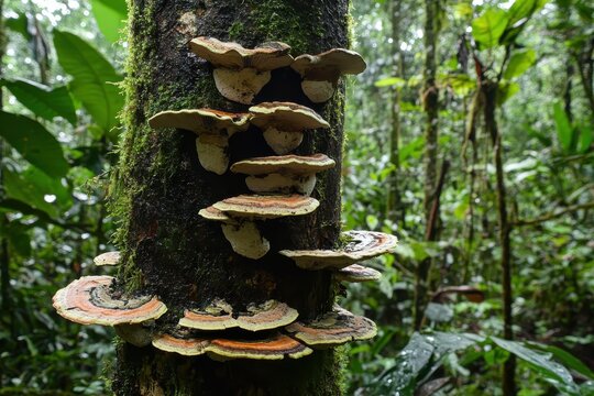 Mushrooms growing on a mossy tree in the rainforest Little fungus growing on a mossy tree side view Little fungus growing on a mossy tree side view . - Powered by Adobe