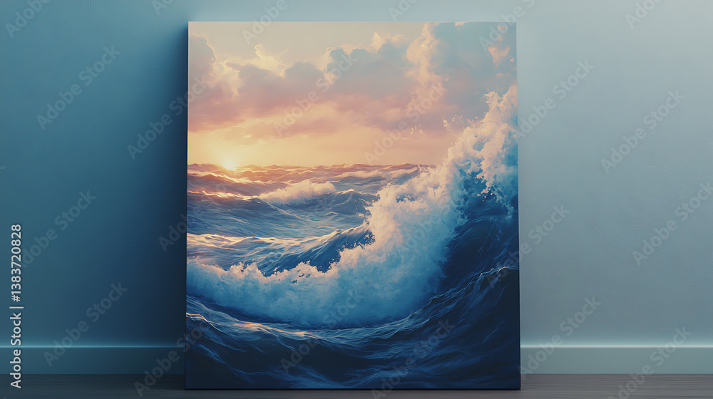 Aufkleber The canvas is white and shows waves against the background of a sunset, 3d rendering