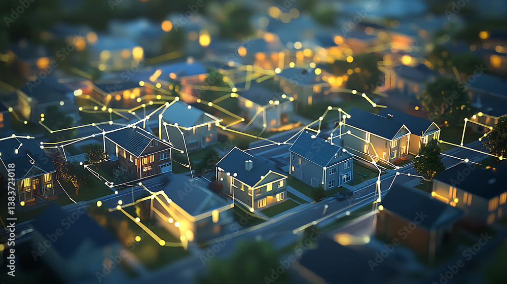 Poster The communication network between the houses of the city is shown schematically on the map, 3d rendering