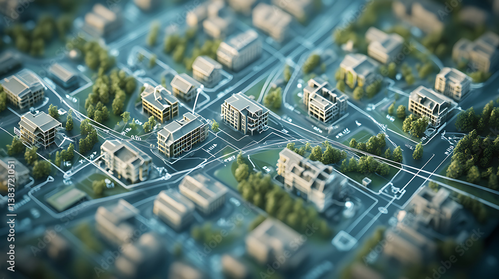 Aufkleber The communication network between the houses of the city is shown schematically on the map, 3d rendering
