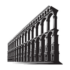 Grand Roman Aqueduct silhouette, showcasing the arches and structural elegance – Roman Aqueduct illustration – Roman Aqueduct vector – Roman infrastructure silhouette

