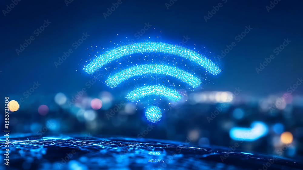 Poster the concept of a wireless network and connectivity technology with an abstract city background, futu