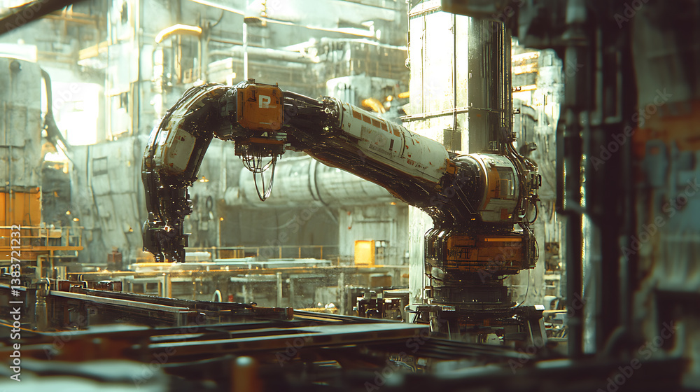 Poster The concept of a smart factory, an industrial machine robot arm in a factory setting, the robot arm, a symbol of automation and advanced technology, is ready to perform tasks in manufacturing process