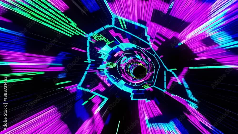 Poster neon tunnel with colorful lines in motion, abstract digital background
