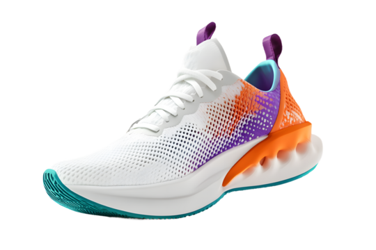Modern athletic sneaker with vibrant teal and orange accents on a clean background for dynamic product photography
