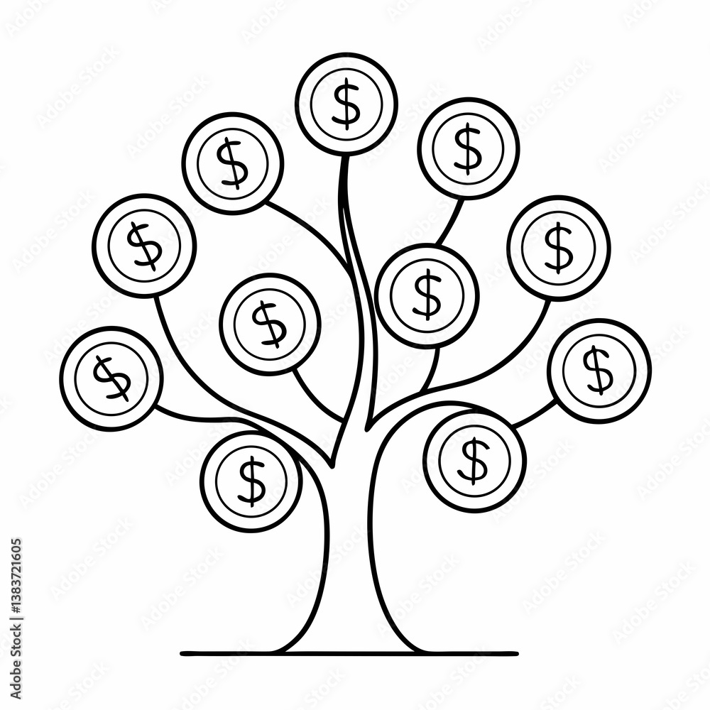 Aufkleber money tree with coins outline vector – line art drawing for coloring book page on white background