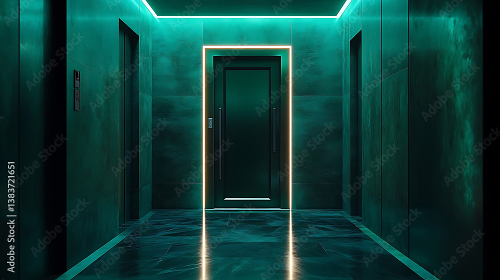 Poster the front door of a room with fluorescent beams of light, futuristic geometric abstraction, neon lig