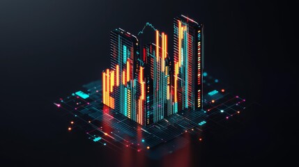 Futuristic digital skyscrapers glowing in vibrant colors against a dark background, representing modern urban design.