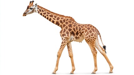 Fototapeta premium Walking Giraffe Isolated on White Background in Studio Lighting