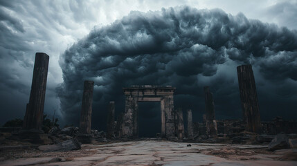 A dramatic scene of ancient ruins under an ominous, swirling storm cloud, creating a sense of foreboding and mystery.