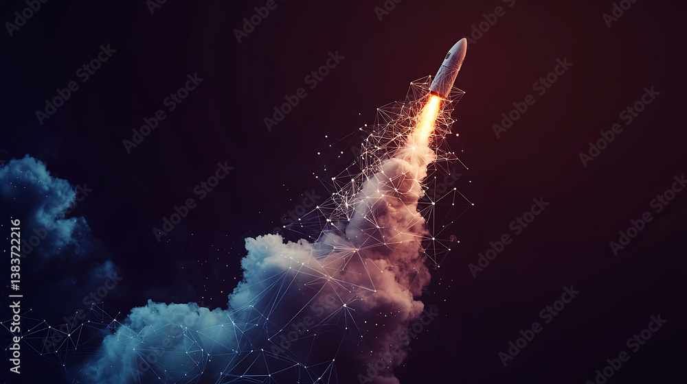 Poster the launch of the rocket with clouds of smoke from the earth, low poly style design, abstract geomet