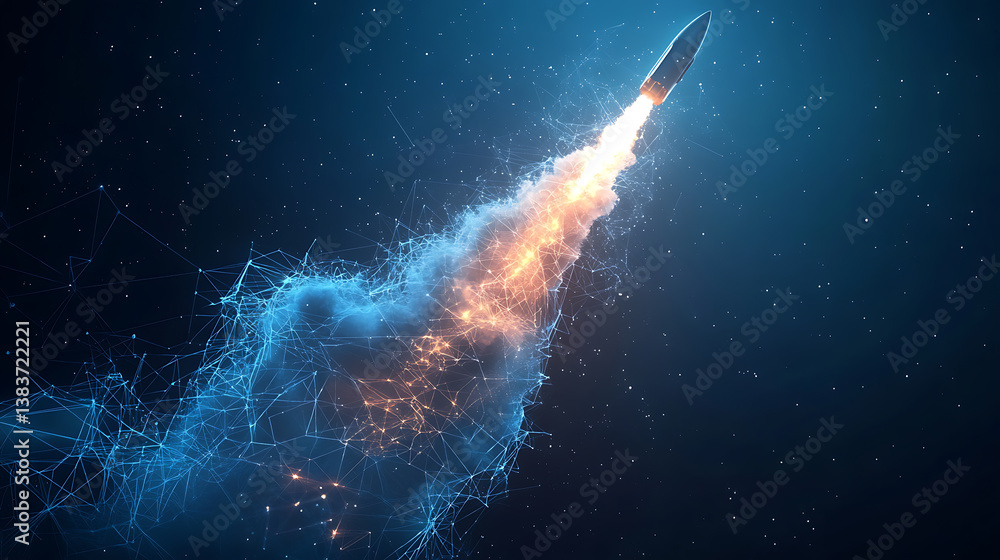 Poster the launch of the rocket with clouds of smoke from the earth, low poly style design, abstract geomet