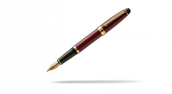 Elegant maroon fountain pen with gold accents isolated on a clean white backdrop