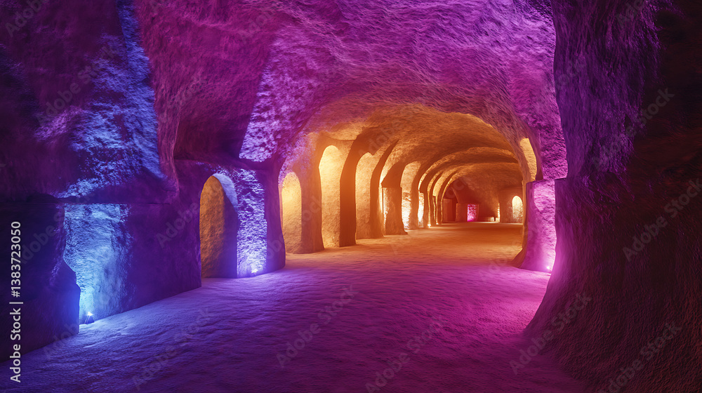 Poster the underground city of medieval culture is illuminated by artificial light sources, 3d rendering