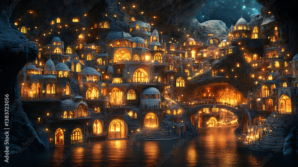 Poster the underground city of medieval culture is illuminated by artificial light sources, 3d rendering